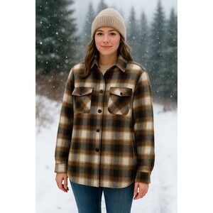 Women's Plaid Shacket Jacket XL Brown Black Button Down Long Sleeve Fall Coat